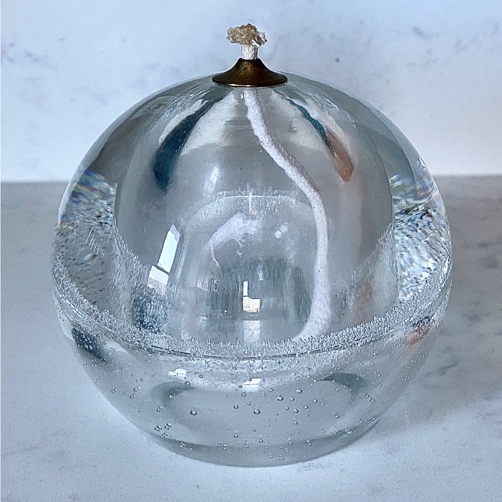 Vintage 90s Poland Art Glass Clear Bullicante Bubbles Oil Lamp Candle Round Orb